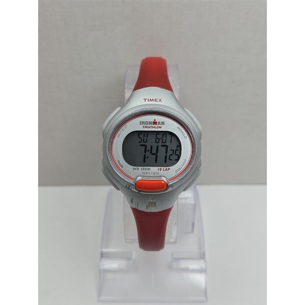 Timex Ironman Triathlon Womens Digital Red Silver 10 Lap WR 100M New Battery EUC